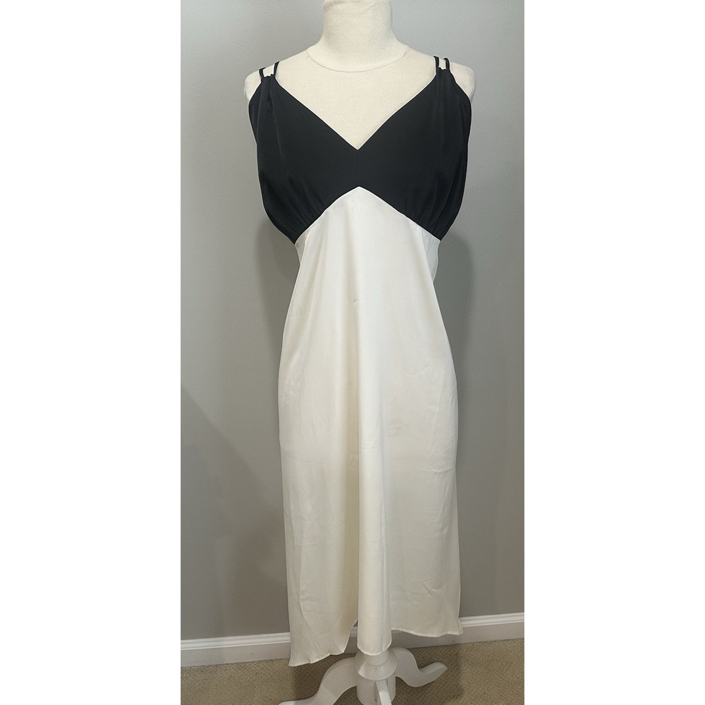 Eloquii Satin Slip Dress Black Ivory Colorblock Maxi  Sz 16 Handkerchief Hem